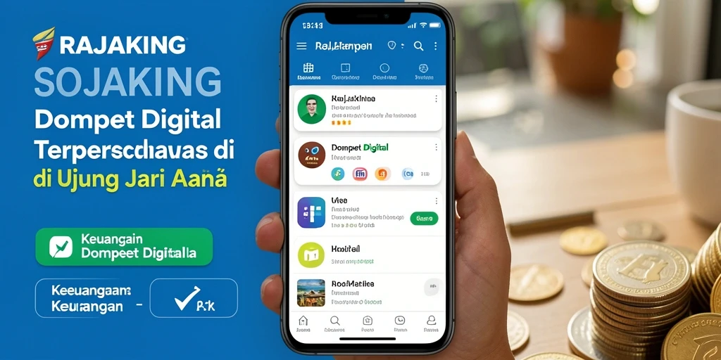 Tampilan antarmuka modern aplikasi RAJAKING untuk Dompet Digital.