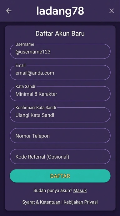 Registrasi Akun Baru di ladang78 untuk Android